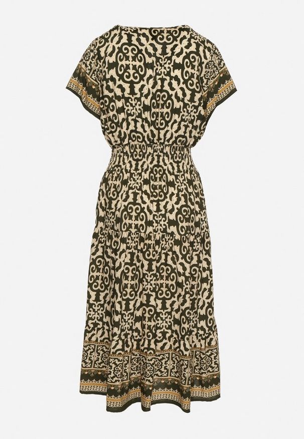 Born2be - Zielono-Beżowa Bawełniana Sukienka z Gumką w Talii i Guzikami Natiflione. Okazja: na co dzień. Typ kołnierza: dekolt w kształcie V. Kolor: zielony. Materiał: bawełna. Typ sukienki: rozkloszowane, oversize. Styl: klasyczny, casual, elegancki