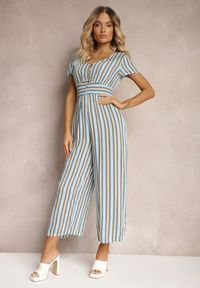 Renee - Niebieski Kombinezon z Wiskozy Wykończony Gumką w Talii i Guzikami przy Dekolcie Tinaviras. Okazja: na co dzień. Kolor: niebieski. Materiał: wiskoza. Styl: sportowy, casual #4