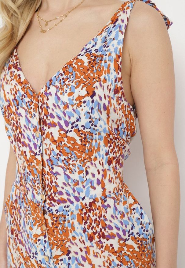 Born2be - Niebiesko-Brązowy Kombinezon z Długimi Nogawkami Wiązanymi Ramiączkami i Abstrakcyjnym Printem Izara. Okazja: na spacer, na co dzień, na imprezę. Kolor: niebieski. Materiał: wiskoza. Długość rękawa: na ramiączkach. Długość: długie. Wzór: nadruk. Sezon: lato. Styl: casual, elegancki