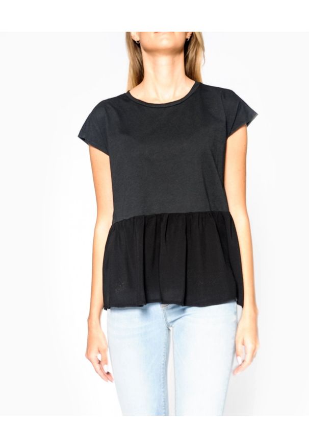 Deha - DEHA - Czarna bluzka z falbaną. Kolor: czarny. Materiał: jeans, materiał