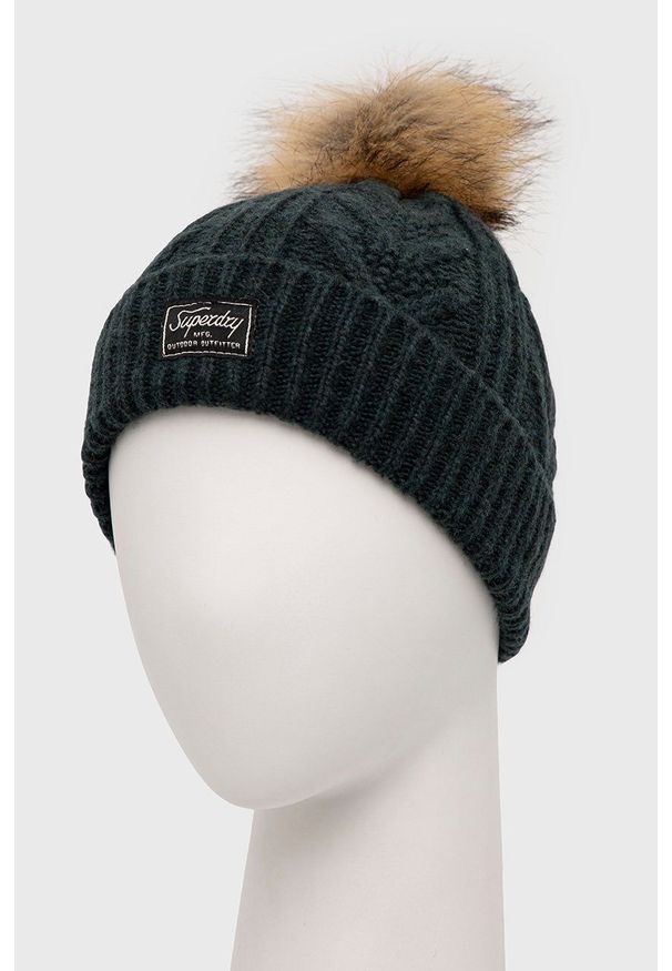 Superdry Czapka z domieszką wełny kolor zielony. Kolor: zielony. Materiał: wełna