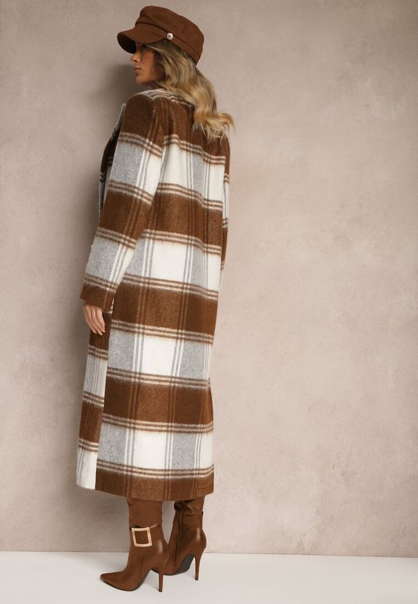 Renee - Brązowy Niezapinany Płaszcz w Kratkę z Kieszeniami z Klapą Fiboila. Okazja: na co dzień. Kolor: brązowy. Materiał: jeans. Wzór: kratka. Styl: elegancki, casual