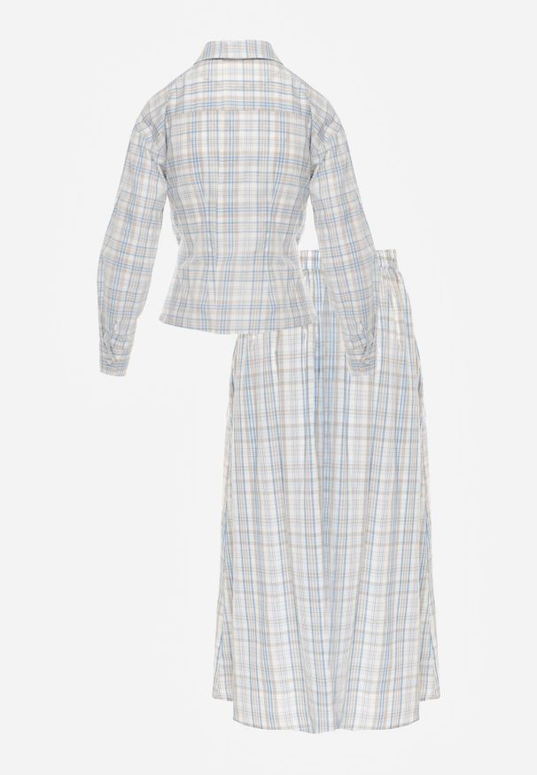 Born2be - Niebieski Komplet z Bawełny w Kratę Kopertowa Wiązana Bluzka i Rozkloszowana Spódnica Alais. Kolor: niebieski. Materiał: bawełna