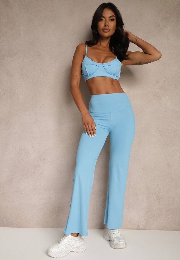 Renee - Niebieskie Legginsy High Waist z Szeroką Gumką w Pasie Idalania. Okazja: na co dzień. Stan: podwyższony. Kolor: niebieski. Styl: casual, elegancki