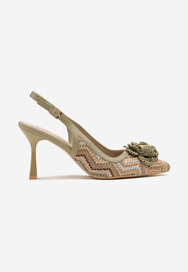 Born2be - Zielone Plecione Sandały Slingback na Szpilce Zdobione Kwiatową Aplikacją Willifia. Okazja: na co dzień. Zapięcie: pasek. Kolor: zielony. Materiał: jeans. Wzór: aplikacja, kwiaty. Obcas: na szpilce. Styl: casual