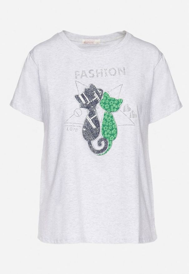 Born2be - Jasnoszary T-shirt z Bawełny z Ozdobnym Napisem i Nadrukiem Olinella. Okazja: na co dzień. Kolor: szary. Materiał: bawełna. Wzór: napisy, nadruk. Styl: casual