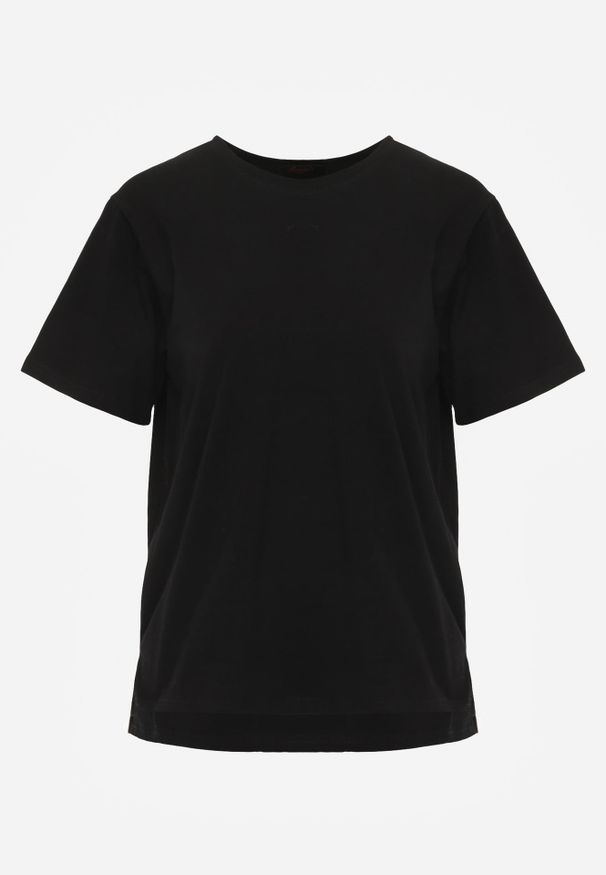 Renee - Czarny Bawełniany T-shirt Ozdobiony po Bokach Rozcięciami Brinelle. Kolor: czarny. Materiał: bawełna. Wzór: aplikacja. Sezon: lato. Styl: elegancki, sportowy