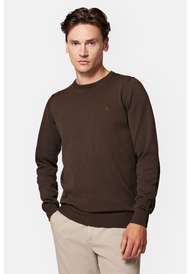 Lancerto - Sweter Brązowy z Bawełną Gładki Morey. Kolor: brązowy. Materiał: bawełna, elastan. Wzór: gładki