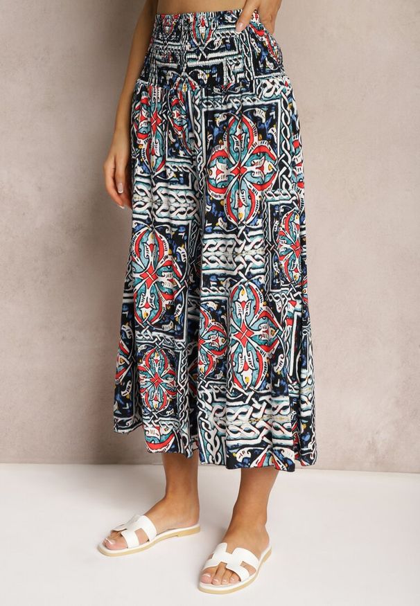 Renee - Granatowe Spodnie Kuloty z Bawełny High Waist z Gumką w Pasie Palovia. Stan: podwyższony. Kolor: niebieski. Materiał: bawełna. Sezon: lato