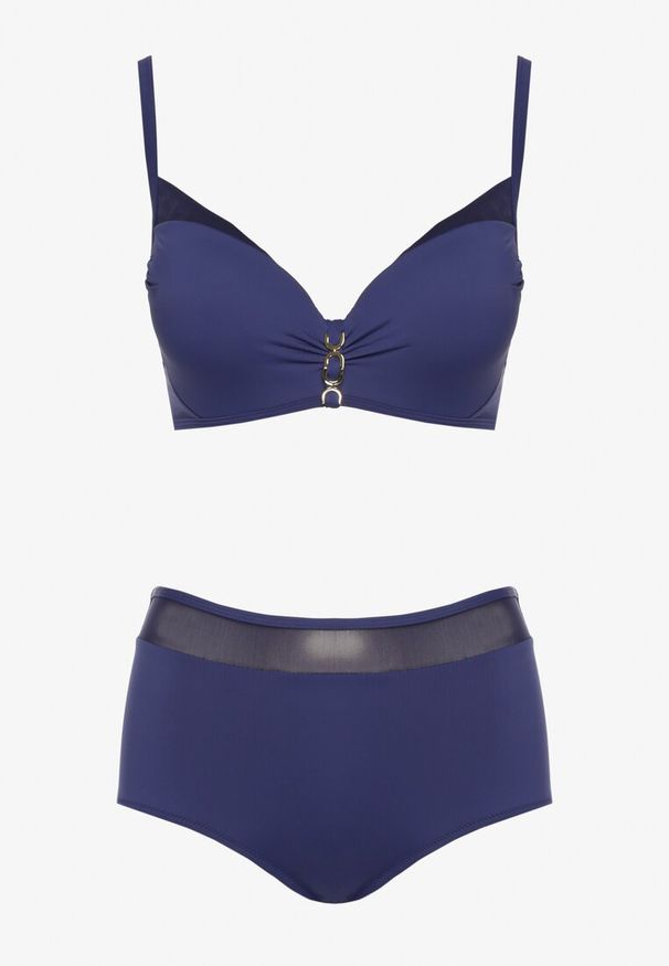 Born2be - Granatowe Bikini Biustonosz z Metaliczną Aplikacją i Majtki Figi Iffonavia. Kolor: niebieski. Materiał: len. Wzór: aplikacja
