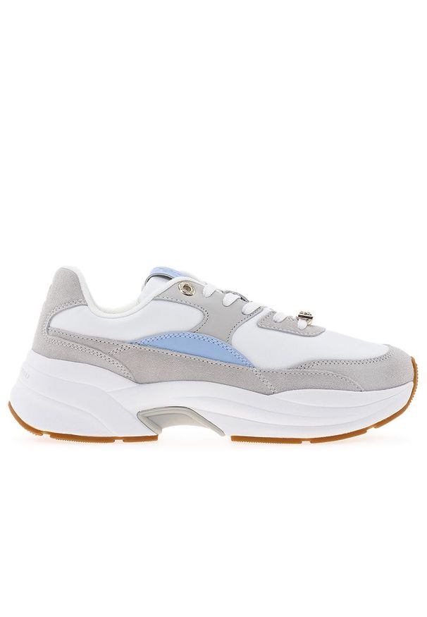 TOMMY HILFIGER - Buty damskie Tommy Hilfiger Chunky Feminine Runner Hardware FW0FW07703-PQT - biało-szare. Zapięcie: sznurówki. Kolor: szary, wielokolorowy, biały. Materiał: zamsz, guma, skóra. Szerokość cholewki: normalna. Sport: turystyka piesza
