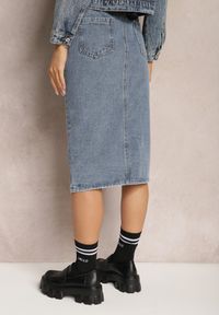 Renee - Niebieska Ołówkowa Spódnica Jeansowa z Rozcięciem i Paskiem z Saszetką Misitra. Kolor: niebieski. Materiał: jeans #4
