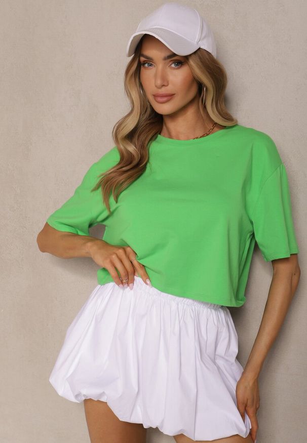 Renee - Jasnozielony T-shirt o Fasonie Cropped Oversize Brighta. Kolor: zielony. Materiał: jeans