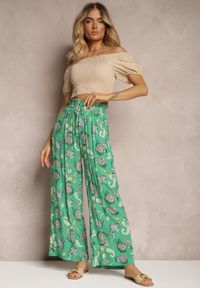Renee - Zielone Bawełniane Spodnie Boho w Stylu Palazzo z Gumką w Pasie i Wysokim Stanem Pravia. Stan: podwyższony. Kolor: zielony. Materiał: bawełna. Sezon: lato. Styl: boho