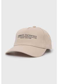 Armani Exchange czapka z daszkiem kolor beżowy z aplikacją. Kolor: beżowy. Wzór: aplikacja #1