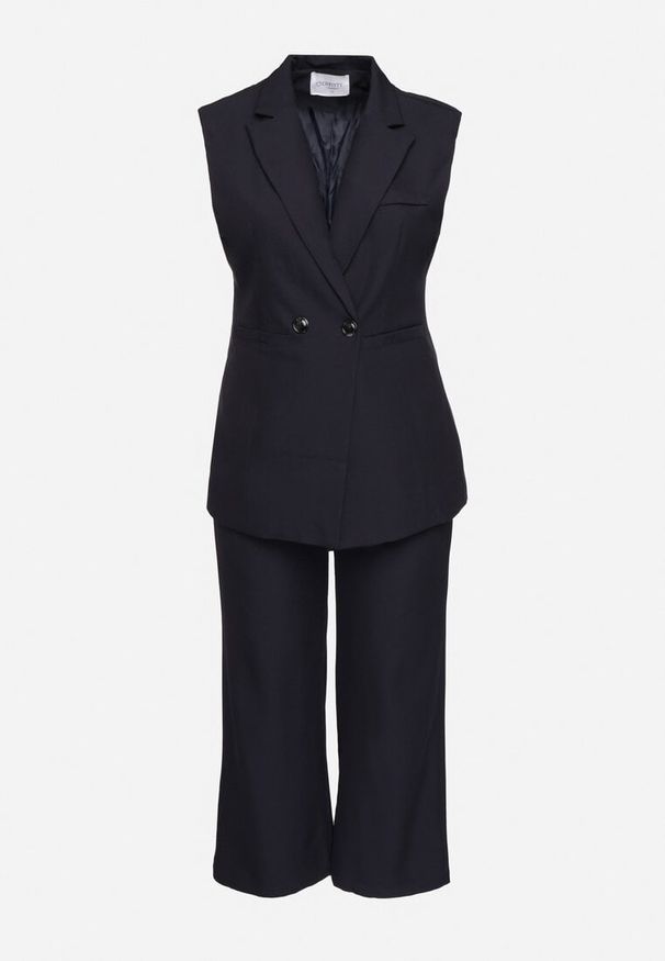 Born2be - Granatowy Jedwabny Komplet Dwurzędowa Kamizelka i Szerokie Spodnie Silapia. Kolor: niebieski. Materiał: jedwab