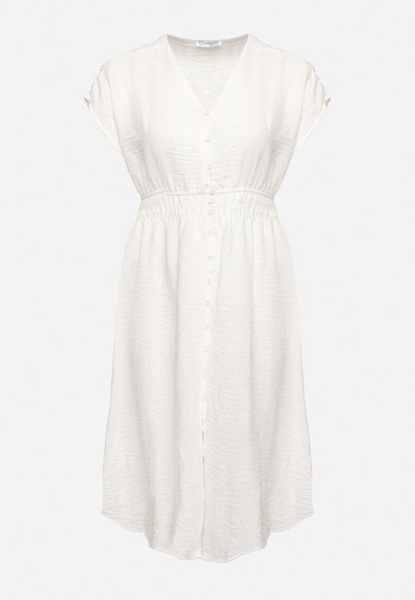 Born2be - Biała Lniana Sukienka o Rozkloszowanym Kroju z Gumką w Talii Ageronna. Okazja: na co dzień. Typ kołnierza: dekolt w kształcie V. Kolor: biały. Materiał: len. Długość rękawa: krótki rękaw. Sezon: lato. Typ sukienki: rozkloszowane. Styl: elegancki, klasyczny, casual