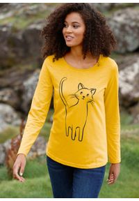 Shirt bawełniany z nadrukiem kota, długi rękaw bonprix żółty curry z nadrukiem. Kolor: żółty. Materiał: materiał, bawełna. Długość rękawa: długi rękaw. Długość: długie. Wzór: nadruk #5