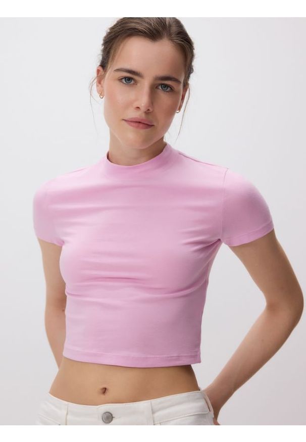 Reserved - Bawełniany t-shirt - pastelowy róż. Kolor: różowy. Materiał: bawełna