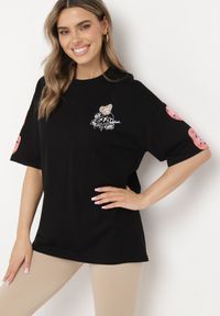 Born2be - Czarny Bawełniany T-shirt o Fasonie Oversize z Nadrukiem Misia Nellene. Kolor: czarny. Materiał: bawełna. Wzór: nadruk #6