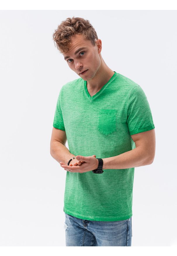 Ombre Clothing - T-shirt męski bawełniany S1388 - zielony - XXL. Kolor: zielony. Materiał: bawełna