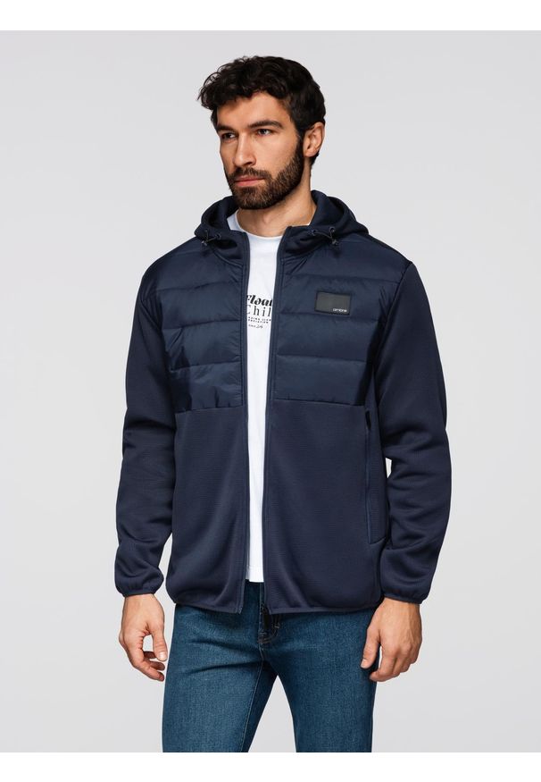 Ombre Clothing - Lekka kurtka męska z łączonych materiałów z kapturem i ozdobnym pikowaniem – granatowa V4 - Rozmiar: XL. Okazja: na co dzień. Typ kołnierza: kaptur. Kolor: niebieski. Materiał: materiał. Wzór: aplikacja. Styl: casual