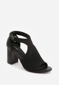 Renee - Czarne Sandały Soft Fit VICES na Obcasie w Stylu Botków z Elastyczną Ażurową Cholewką Comfort Omphopis. Zapięcie: rzepy. Kolor: czarny. Materiał: materiał, jeans. Wzór: ażurowy. Obcas: na obcasie. Wysokość obcasa: średni #3