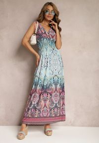 Renee - Niebiesko-Różowa Sukienka z Mozaikowym Wzorem Boho Gumką w Pasie i Sznurkami na Ramionach Ainervea. Kolor: niebieski. Materiał: tkanina. Sezon: lato. Styl: boho #5
