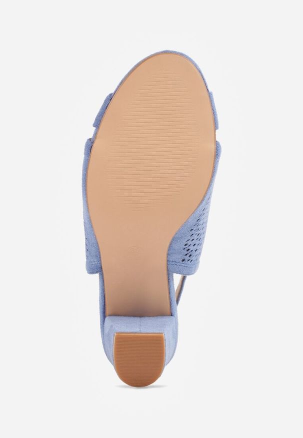 Renee - Niebieskie Sandały Vices na Słupku z Ażurową Cholewką i Skórzaną Wkładką Saramiae. Okazja: na co dzień, na spotkanie biznesowe. Zapięcie: sprzączka. Kolor: niebieski. Materiał: skóra. Wzór: ażurowy. Obcas: na słupku. Styl: casual, biznesowy, elegancki