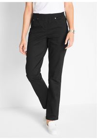 bonprix - Spodnie twillowe z elastycznego materiału z bawełną. Kolor: czarny. Materiał: bawełna, materiał. Wzór: prążki #1