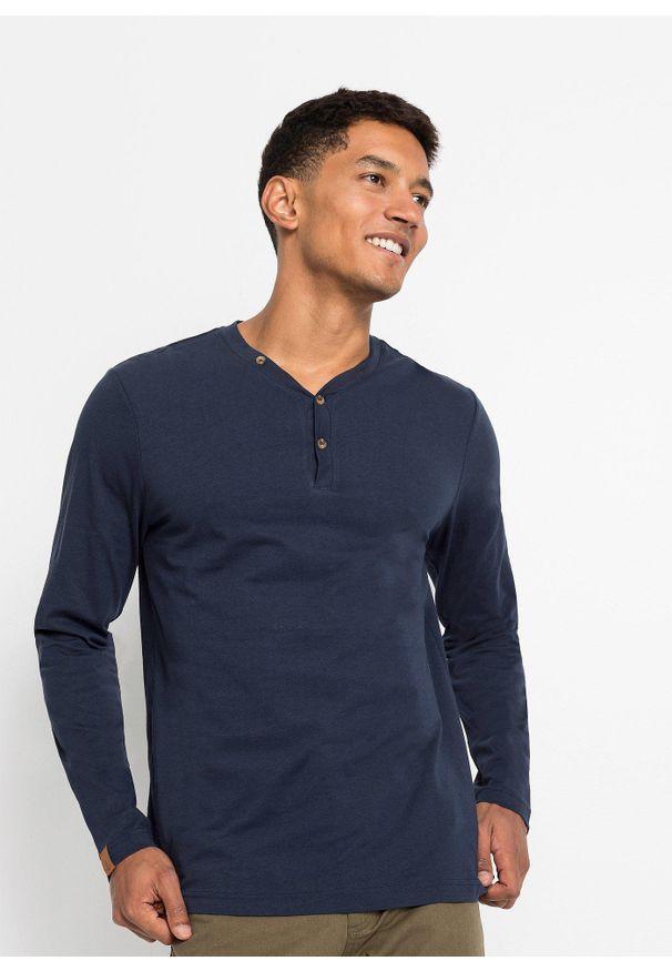 bonprix - Bluzka z dekoltem henley, długim rękawem, z czystej bawełny organicznej (2 szt.). Typ kołnierza: typu henley. Kolor: niebieski. Materiał: bawełna. Długość rękawa: długi rękaw. Długość: długie. Styl: klasyczny