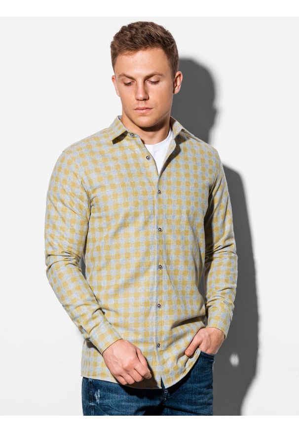 Ombre Clothing - Koszula męska w kratę z długim rękawem K509 - żółta - XXL. Kolor: żółty. Materiał: poliester, bawełna. Długość rękawa: długi rękaw. Długość: długie