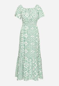 Born2be - Zielono-Biała Rozkloszowana Sukienka z Bawełną i Abstrakcyjnym Wzorem Ldivoria. Okazja: na spacer, na imprezę. Kolor: zielony. Materiał: bawełna. Styl: elegancki #2