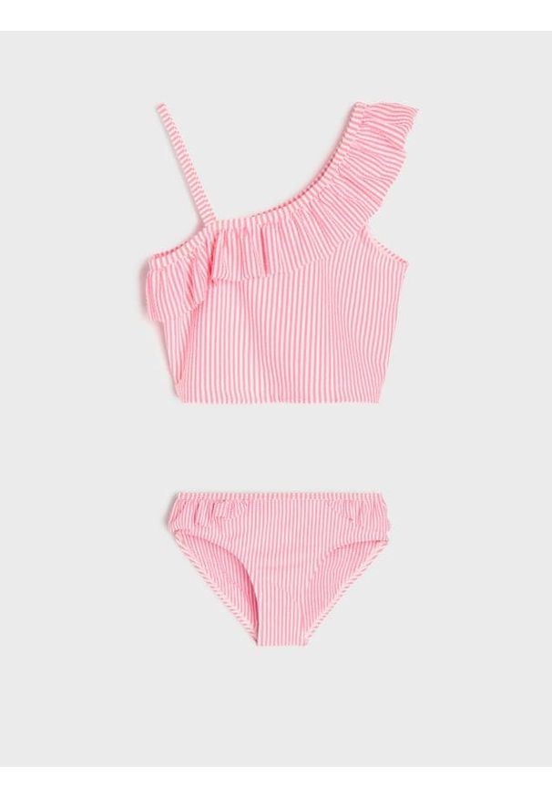 Sinsay - Dwuczęściowy strój kąpielowy z falbanami na ramionkach - różowy. Kolor: różowy