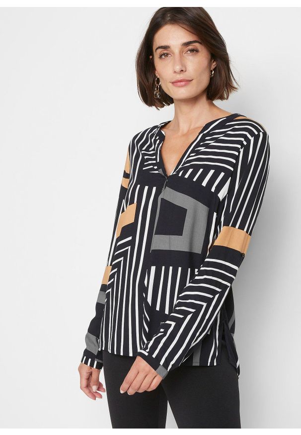 bonprix - Bluzka tunikowa. Typ kołnierza: dekolt w serek. Kolor: brązowy, beżowy. Materiał: wiskoza. Długość rękawa: długi rękaw. Długość: długie. Wzór: nadruk, aplikacja. Styl: elegancki