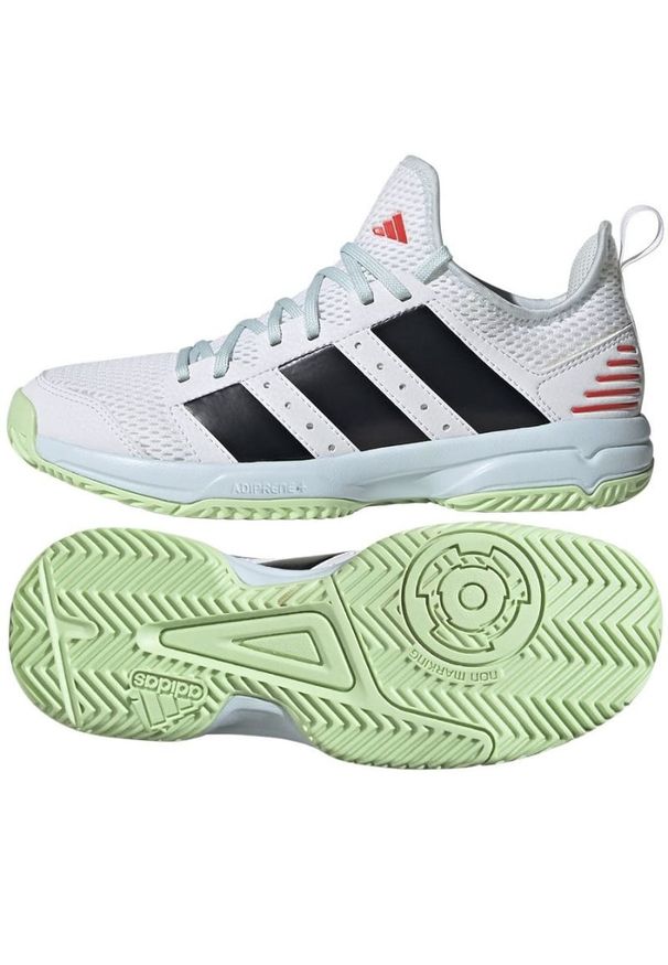 Adidas - Buty do piłki ręcznej adidas Stabil Jr ID1137 białe. Zapięcie: sznurówki. Kolor: biały. Materiał: tkanina, syntetyk, materiał. Szerokość cholewki: normalna