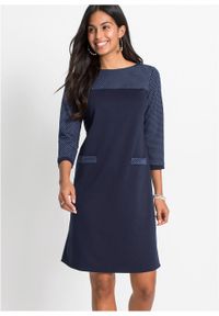 Sukienka z dżerseju, rękawy 3/4 bonprix ciemnoniebiesko-biały. Kolor: niebieski. Materiał: jersey. Wzór: grochy #5