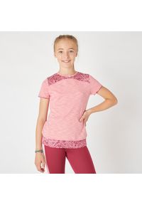 DOMYOS - Koszulka z krótkim rękawem dziecięca Domyos 2 w 1. Kolor: różowy. Materiał: materiał, bawełna, poliester. Długość rękawa: krótki rękaw. Długość: krótkie
