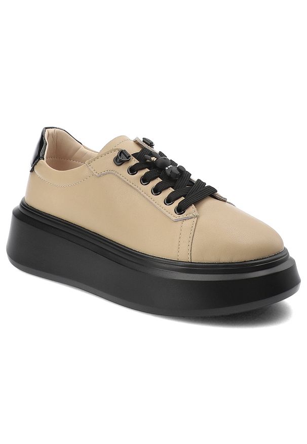 Beżowe Sneakersy Artiker Modne Obuwie Damskie. Okazja: na co dzień. Zapięcie: sznurówki. Kolor: beżowy. Materiał: skóra. Obcas: na platformie