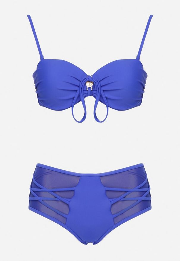 Renee - Niebieskie Bikini Biustonosz i Majtki Figi High Waist z Siateczkowymi Zdobieniami Kinovia. Stan: podwyższony. Kolor: niebieski. Wzór: aplikacja