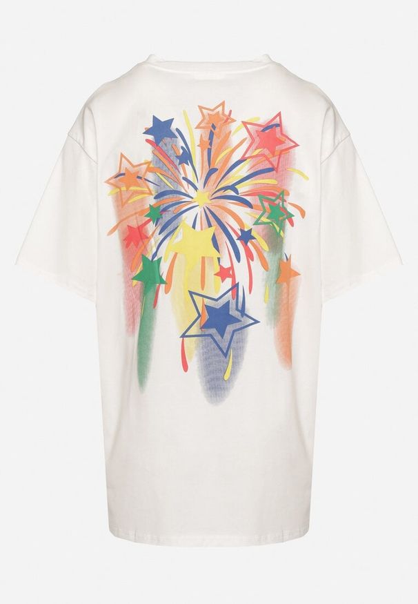 Born2be - Biały T-shirt Oversize z Kolorowym Napisem i Gwiazdkami Iloviela. Okazja: na co dzień. Kolor: biały. Materiał: jeans. Wzór: kolorowy, napisy. Styl: sportowy, klasyczny, elegancki, casual