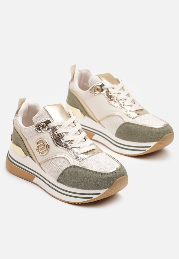 Born2be - Beżowo-Zielone Sneakersy na Grubej Podeszwie z Metalicznymi Wstawkami Gonnith. Okazja: na spacer, na co dzień. Kolor: beżowy. Materiał: jeans. Sezon: jesień, wiosna. Sport: turystyka piesza