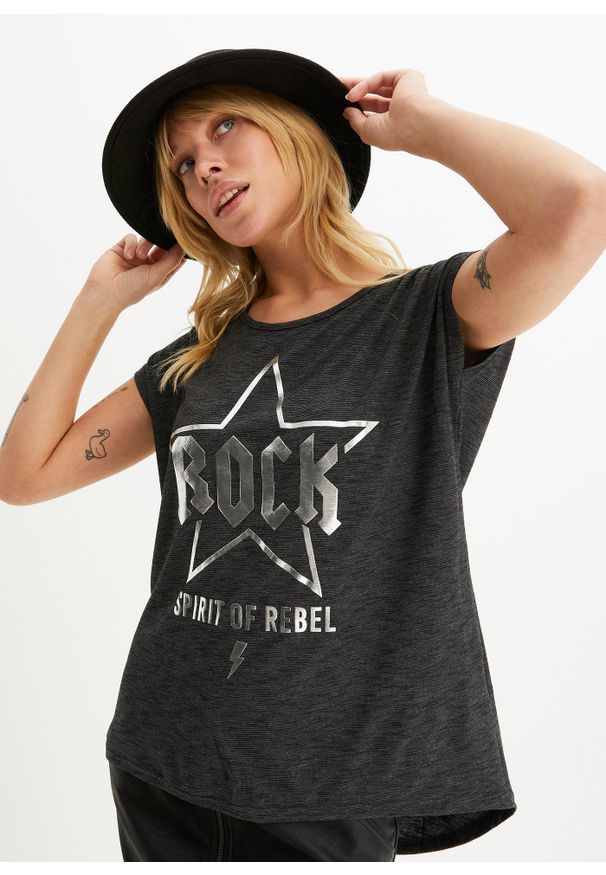 bonprix - Długi shirt z miękkiego materiału z wiskozą. Kolor: czarny. Materiał: wiskoza, materiał. Długość: długie. Wzór: nadruk. Styl: rockowy