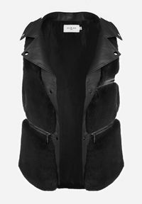 Born2be - Czarna Kamizelka Futrzana Antedes. Kolor: czarny. Materiał: futro. Długość rękawa: długi rękaw. Długość: długie. Wzór: aplikacja #8