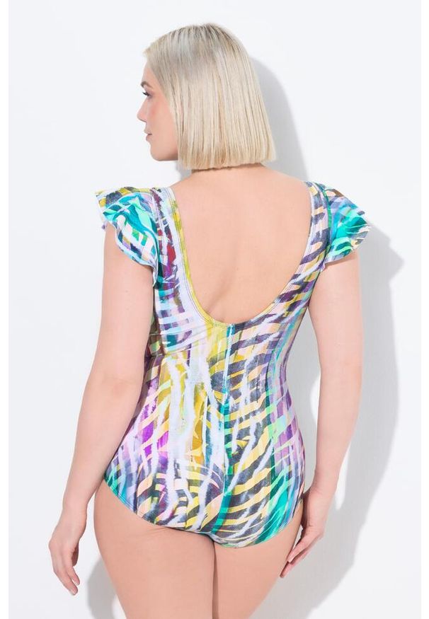 ULLA POPKEN - Damski Kostium kąpielowy zwierzęce paski miękkie miseczki falbana z ramiączkach. Kolekcja: plus size. Kolor: brązowy. Materiał: elastan, poliamid, materiał. Wzór: motyw zwierzęcy, paski