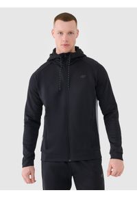 4f - 4F Bluza treningowa szybkoschnąca męska - czarna L. Okazja: na co dzień. Typ kołnierza: kaptur. Kolor: czarny. Materiał: dzianina, włókno, syntetyk, materiał, elastan. Długość rękawa: raglanowy rękaw. Wzór: gładki, ze splotem. Styl: sportowy, casual. Sport: fitness