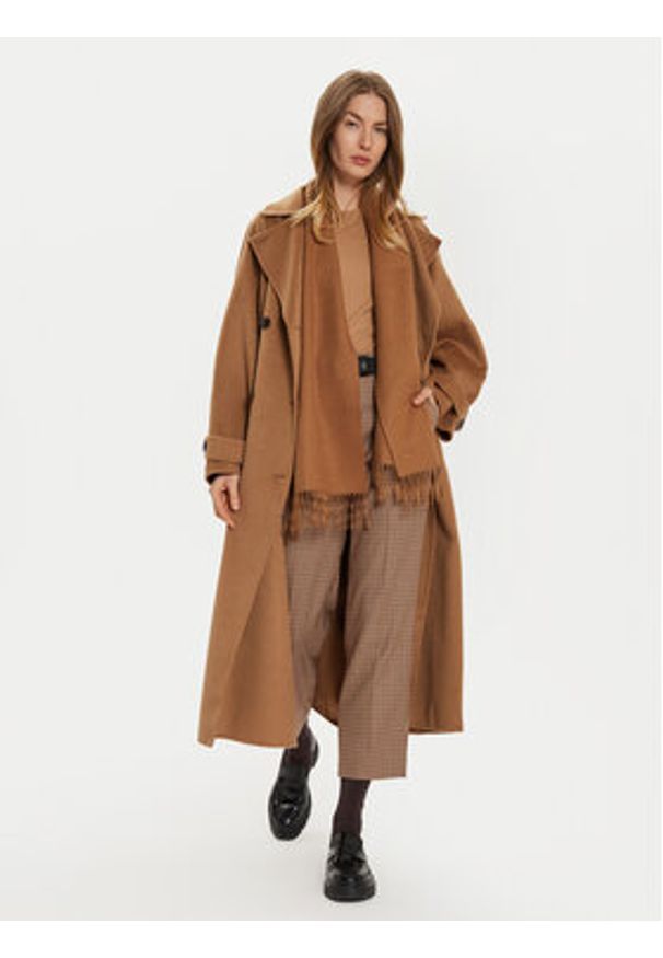 TOMMY HILFIGER - Tommy Hilfiger Płaszcz wełniany WW0WW45919 Brązowy Oversize. Kolor: brązowy. Materiał: syntetyk