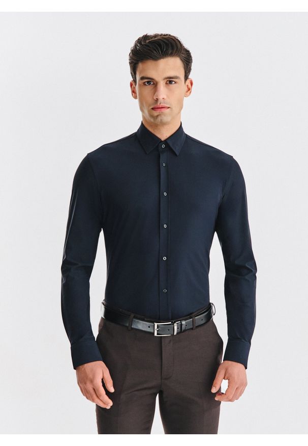 Pako Lorente - PAKO LORENTE – Czarna koszula męska. Typ kołnierza: kołnierzyk klasyczny. Kolor: czarny. Materiał: elastan, nylon. Długość rękawa: długi rękaw. Długość: długie. Styl: klasyczny