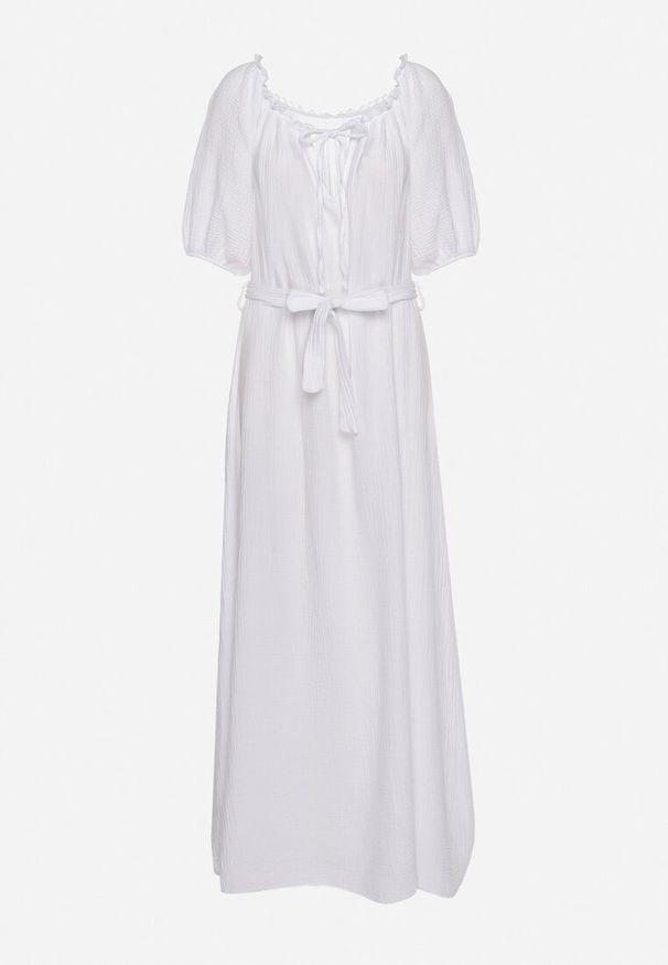 Born2be - Biała Trapezowa Muślinowa Sukienka z Bawełny z Paskiem i Gumką w Talii Vimarinn. Okazja: na co dzień. Typ kołnierza: dekolt hiszpanka. Kolor: biały. Materiał: bawełna. Typ sukienki: trapezowe. Styl: casual