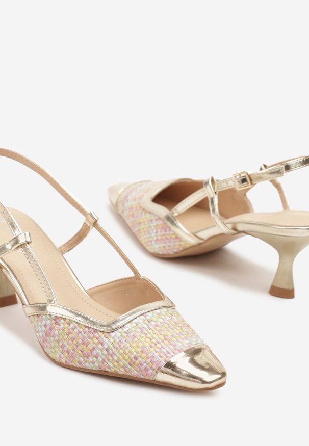 Renee - Złoto-Różowe Sandały na Kaczuszce Slingback z Plecionką i Metalicznym Noskiem Ldivaria. Okazja: na co dzień, na imprezę. Kolor: złoty. Wzór: aplikacja. Obcas: na szpilce. Styl: casual, elegancki. Wysokość obcasa: średni